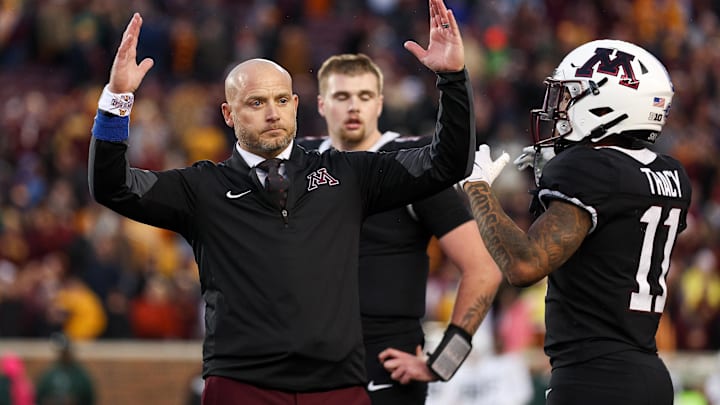 Nov 1, 2025; Minneapolis, Minnesota, USA; Minnesota Golden Gophers head coach P.J. Fleck reacts during overtime against the Michigan State Spartans at Huntington Bank Stadium. Mandatory Credit: Matt Krohn-Imagn Images