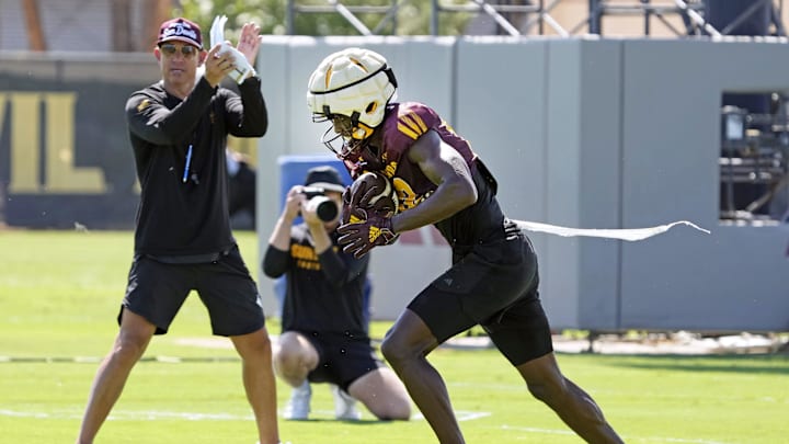 Arizona State wide receiver Malik McClain (12) runs a drill during football practice at Kajikawa practice fields in Tempe on Aug 1, 2025.