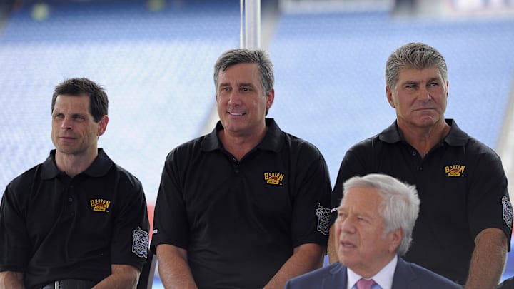 Jul 29, 2015; Foxboro, MA, USA; Boston Bruins general manager Don Sweeney and president Cam Neely and former Bruins defenseman Ray Bourque during a press conference for the Winter Classic hockey game at Gillette Stadium. Mandatory Credit: Bob DeChiara-Imagn Images
