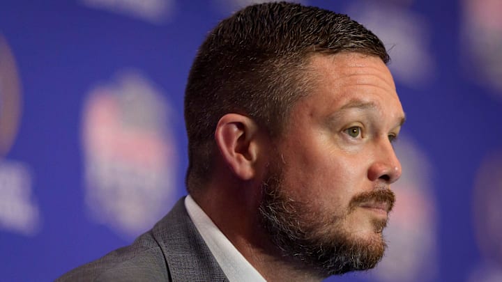 Oregon head coach Dan Lanning listens to a reporter’s question during the head coaches’ press conference ahead of the Peach Bowl at the College Football Hall of Fame in Atlanta, Georgia, on Jan. 8, 2026.