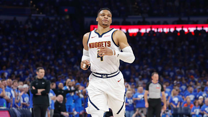 May 18, 2025; Oklahoma City, Oklahoma, USA; Denver Nuggets guard Russell Westbrook (4) runs down the court against the Oklahoma City Thunder in the second quarter during game seven of the second round for the 2025 NBA Playoffs at Paycom Center. Mandatory Credit: Alonzo Adams-Imagn Images May 18, 2025; Oklahoma City, Oklahoma, USA; Denver Nuggets guard Russell Westbrook (4) runs down the court against the Oklahoma City Thunder in the second quarter during game seven of the second round for the 2025 NBA Playoffs at Paycom Center. Mandatory Credit: Alonzo Adams-Imagn Images