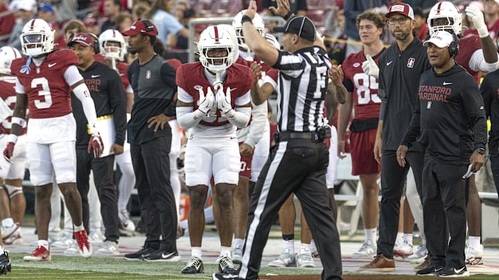 Sep 27, 2025; Stanford, California, USA;  Stanford Cardinal cornerback Aaron Morris (31) reacts to a call from the referee during the third quarter against the San Jose State Spartans at Stanford Stadium. Mandatory Credit: Stan Szeto-Imagn Images