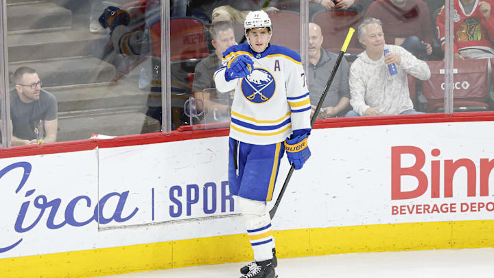 Apr 13, 2026; Chicago, Illinois, USA; Buffalo Sabres center Tage Thompson (72) celebrates after scoring against the Chicago Blackhawks during the third period at United Center. Mandatory Credit: Kamil Krzaczynski-Imagn Images Apr 13, 2026; Chicago, Illinois, USA; Buffalo Sabres center Tage Thompson (72) celebrates after scoring against the Chicago Blackhawks during the third period at United Center. Mandatory Credit: Kamil Krzaczynski-Imagn Images