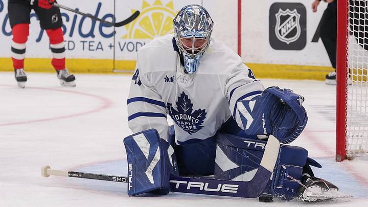 Mar 4, 2026; Newark, New Jersey, USA; Toronto Maple Leafs goaltender Anthony Stolarz (41) makes a save against the New Jersey Devils during the second period at Prudential Center. Mandatory Credit: Ed Mulholland-Imagn Images