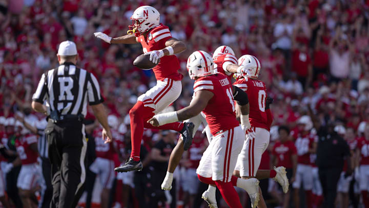 Oct 4, 2025; Lincoln, Nebraska, USA; Nebraska Cornhuskers defensive back DeShon Singleton (8) celebrates after making an interception during the game against Michigan State at Memorial Stadium. Mandatory Credit: Kylie Graham-Imagn Images