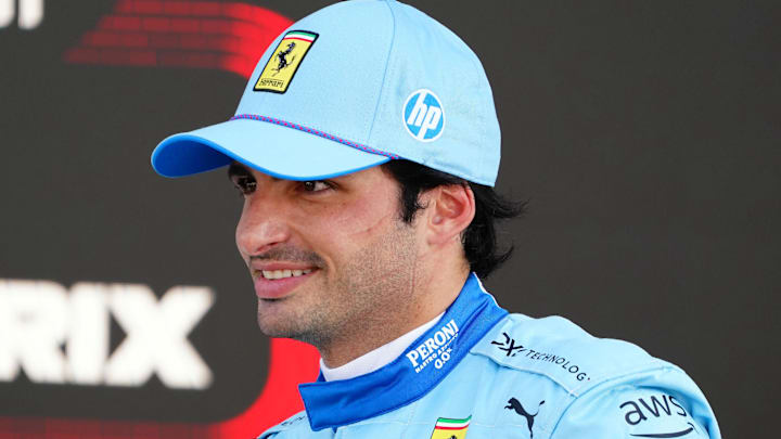 May 4, 2024; Miami Gardens, Florida, USA; Ferrari driver Carlos Sainz (55) talks to the media in the