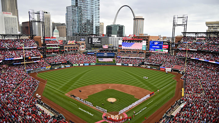 Apr 7, 2022; St. Louis, Missouri, USA; A general view of the National Anthem before Opening Day between the St. Louis Cardinals and the Pittsburgh Pirates at Busch Stadium. Mandatory Credit: Jeff Curry-Imagn Images Apr 7, 2022; St. Louis, Missouri, USA; A general view of the National Anthem before Opening Day between the St. Louis Cardinals and the Pittsburgh Pirates at Busch Stadium. Mandatory Credit: Jeff Curry-Imagn Images