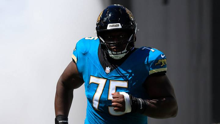 Jacksonville Jaguars guard Emmanuel Pregnon (75) is introduced before an NFL football matchup at EverBank Stadium on Sunday, Sept. 27, 2026, in Jacksonville, Fla. The Jaguars defeated the Patriots 35-6. [Corey Perrine/Florida Times‑Union]