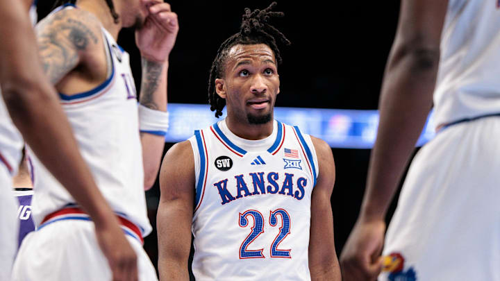 Mar 12, 2026; Kansas City, MO, USA; Kansas Jayhawks guard Darryn Peterson (22) during a break in play during the second half against the TCU Horned Frogs at T-Mobile Center. Mandatory Credit: William Purnell-Imagn Images Mar 12, 2026; Kansas City, MO, USA; Kansas Jayhawks guard Darryn Peterson (22) during a break in play during the second half against the TCU Horned Frogs at T-Mobile Center. Mandatory Credit: William Purnell-Imagn Images