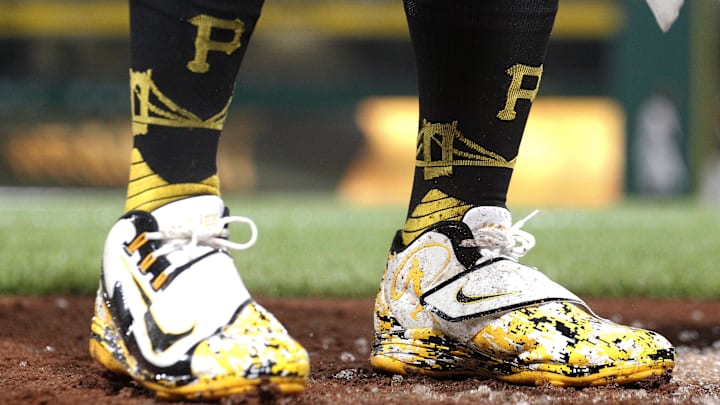 Sep 26, 2017; Pittsburgh, PA, USA; Detail view of the shoes and socks worn by Pittsburgh Pirates