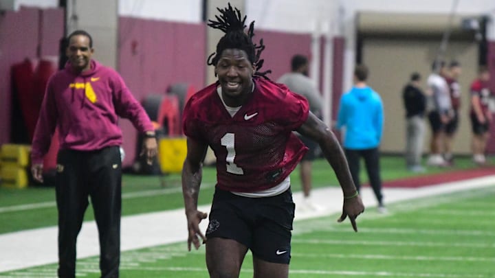 Florida State football safety Shyheim Brown takes part in the final Tour of Duty winter workouts ahead of 2024 spring practices on Thursday, March 7, 2024.