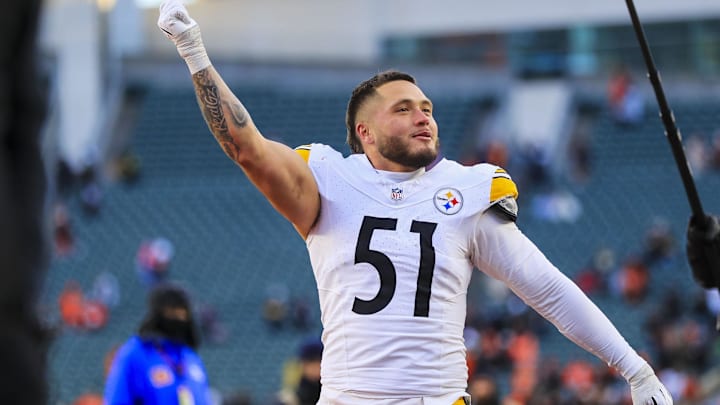 Dec 1, 2024; Cincinnati, Ohio, USA; Pittsburgh Steelers linebacker Nick Herbig (51) reacts after the victory over the Cincinnati Bengals at Paycor Stadium. Mandatory Credit: Katie Stratman-Imagn Images