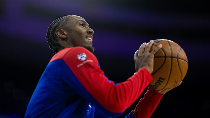 Jan 10, 2025; Philadelphia, Pennsylvania, USA; Philadelphia 76ers guard Tyrese Maxey before action against the New Orleans Pelicans during the first quarter at Wells Fargo Center. Mandatory Credit: Bill Streicher-Imagn Images