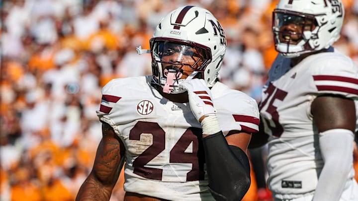 Mississippi State Bulldogs running back Fluff Bothwell (24) looks on against the Tennessee Volunteers during the first half at Davis Wade Stadium at Scott Field.