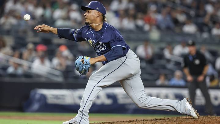 Jul 30, 2025; Bronx, New York, USA; Tampa Bay Rays relief pitcher Edwin Uceta (63) at Yankee Stadium. Jul 30, 2025; Bronx, New York, USA; Tampa Bay Rays relief pitcher Edwin Uceta (63) at Yankee Stadium.