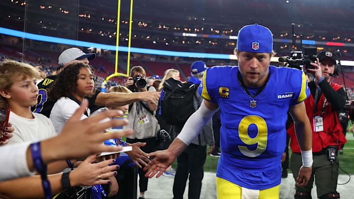 Jan 13, 2025; Glendale, AZ, USA; Los Angeles Rams quarterback Matthew Stafford (9) reacts after the NFC wild card game against the Minnesota Vikings at State Farm Stadium. Mandatory Credit: Mark J. Rebilas-Imagn Images Jan 13, 2025; Glendale, AZ, USA; Los Angeles Rams quarterback Matthew Stafford (9) reacts after the NFC wild card game against the Minnesota Vikings at State Farm Stadium. Mandatory Credit: Mark J. Rebilas-Imagn Images