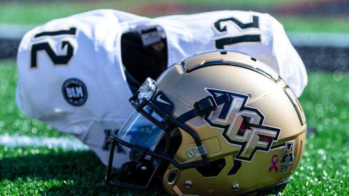 Oct 31, 2020; Houston, Texas, USA; A general picture of a UCF Knights helmet and shoulder pads prior