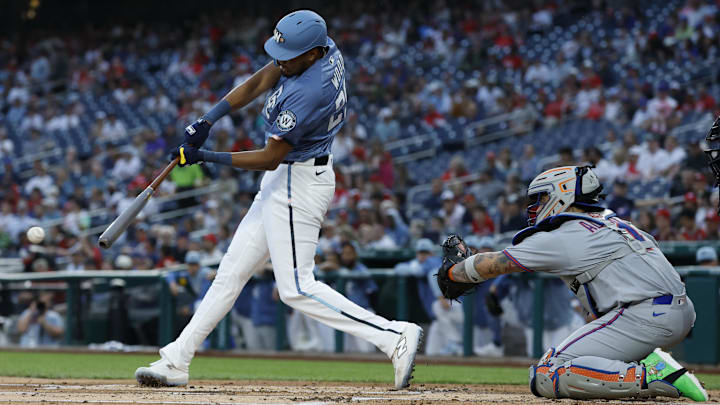 Apr 25, 2025; Washington, District of Columbia, USA; Washington Nationals outfielder James Wood (29) singles against the New York Mets during the first inning at Nationals Park.