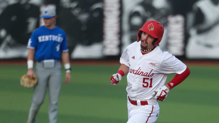 Louisville's Isaac Humphrey (51) headed to third base after he hit a home run against Kentucky during their game at Patterson Stadium in Louisville, Ky. on Apr. 16, 2024.