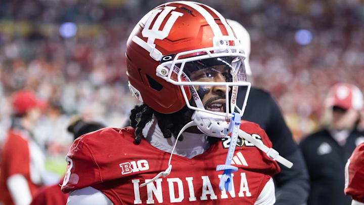 Jan 19, 2026; Miami Gardens, FL, USA; Indiana Hoosiers wide receiver Omar Cooper Jr. (3) against the Miami Hurricanes in the College Football Playoff National Championship game at Hard Rock Stadium. Mandatory Credit: Mark J. Rebilas-Imagn Images