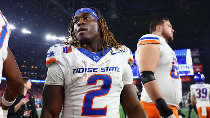 Dec 31, 2024; Glendale, AZ, USA; Boise State Broncos running back Ashton Jeanty (2) reacts after the game against the Penn State Nittany Lions in the Fiesta Bowl at State Farm Stadium. Mandatory Credit: Mark J. Rebilas-Imagn Images Dec 31, 2024; Glendale, AZ, USA; Boise State Broncos running back Ashton Jeanty (2) reacts after the game against the Penn State Nittany Lions in the Fiesta Bowl at State Farm Stadium. Mandatory Credit: Mark J. Rebilas-Imagn Images