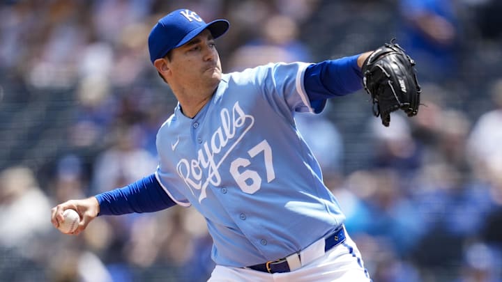 May 7, 2026; Kansas City, Missouri, USA; Kansas City Royals pitcher Seth Lugo (67) pitches during the first inning against the Cleveland Guardians at Kauffman Stadium. Mandatory Credit: Jay Biggerstaff-Imagn Images