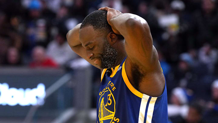 Dec 25, 2024; San Francisco, California, USA; Golden State Warriors forward Draymond Green (23) reacts after a turnover against the Los Angeles Lakers during the fourth quarter at Chase Center. Mandatory Credit: Darren Yamashita-Imagn Images