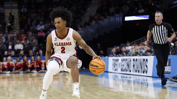 Mar 23, 2025; Cleveland, OH, USA; Alabama Crimson Tide guard Aden Holloway (2) dribbles in the second half against the St. Mary's Gaels during the NCAA Tournament Second Round at Rocket Arena. 