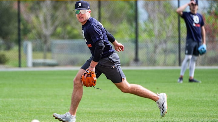 Detroit Tigers prospect Kevin McGonigle practices during spring training at TigerTown in Lakeland on Friday, Feb. 20, 2025.