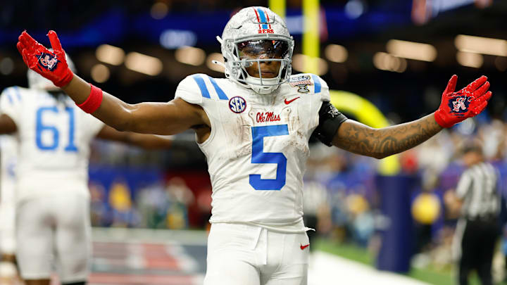 Jan 1, 2026; New Orleans, LA, USA; Mississippi Rebels running back Kewan Lacy (5) celebrates after scoring a touchdown against the Georgia Bulldogs in the third quarter during the 2025 Sugar Bowl and quarterfinal game of the College Football Playoff at Caesars Superdome. Mandatory Credit: Geoff Burke-Imagn Images Jan 1, 2026; New Orleans, LA, USA; Mississippi Rebels running back Kewan Lacy (5) celebrates after scoring a touchdown against the Georgia Bulldogs in the third quarter during the 2025 Sugar Bowl and quarterfinal game of the College Football Playoff at Caesars Superdome. Mandatory Credit: Geoff Burke-Imagn Images