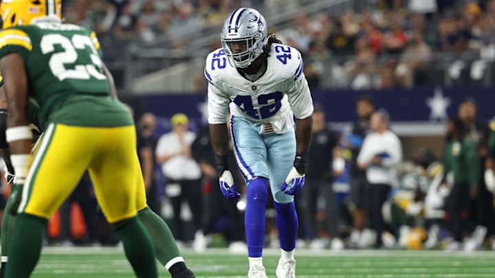 Sep 28, 2025; Arlington, Texas, USA; Dallas Cowboys defensive end Jadeveon Clowney looks on in the second half against the Green Bay Packers at AT&T Stadium. Mandatory Credit: Kevin Jairaj-Imagn Images
