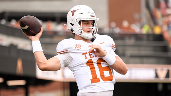 Oct 26, 2024; Nashville, Tennessee, USA; Texas Longhorns quarterback Arch Manning (16) warms up before a game against the Vanderbilt Commodores at FirstBank Stadium. Oct 26, 2024; Nashville, Tennessee, USA; Texas Longhorns quarterback Arch Manning (16) warms up before a game against the Vanderbilt Commodores at FirstBank Stadium.