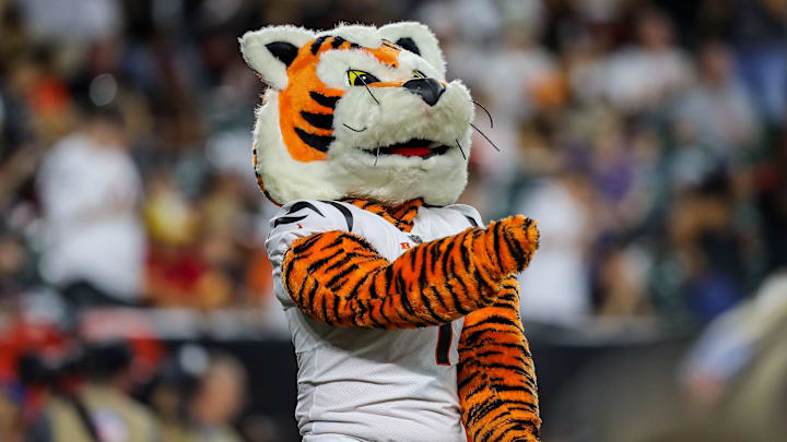 Aug 12, 2022; Cincinnati, Ohio, USA; Cincinnati Bengals mascot, Who Dey, reacts after a touchdown