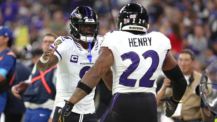 Sep 13, 2026; Indianapolis, Indiana, USA; Baltimore Ravens quarterback Lamar Jackson (8) and running back Derrick Henry (22) celebrate a touchdown against the Indianapolis Colts at Lucas Oil Stadium. Mandatory Credit: Trevor Ruszkowski-Imagn Images Sep 13, 2026; Indianapolis, Indiana, USA; Baltimore Ravens quarterback Lamar Jackson (8) and running back Derrick Henry (22) celebrate a touchdown against the Indianapolis Colts at Lucas Oil Stadium. Mandatory Credit: Trevor Ruszkowski-Imagn Images