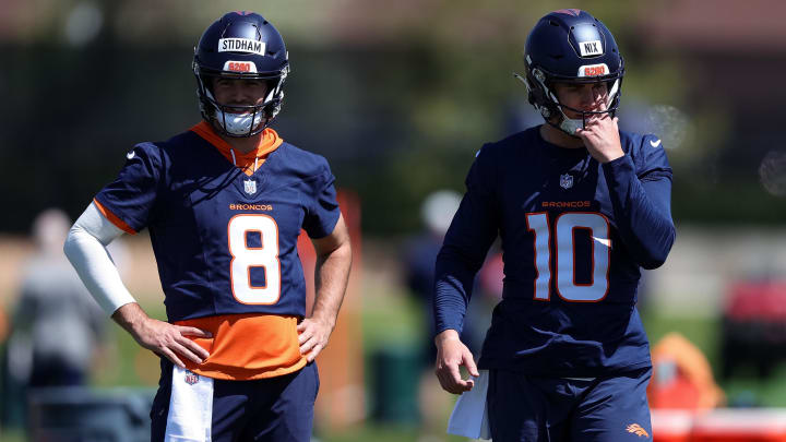 May 23, 2024; Englewood, CO, USA; Denver Broncos quarterback Jarrett Stidham (8) and quarterback Bo Nix (10) during organized team activities at Centura Health Training Center. Mandatory Credit: Isaiah J. Downing-USA TODAY Sports May 23, 2024; Englewood, CO, USA; Denver Broncos quarterback Jarrett Stidham (8) and quarterback Bo Nix (10) during organized team activities at Centura Health Training Center. Mandatory Credit: Isaiah J. Downing-USA TODAY Sports