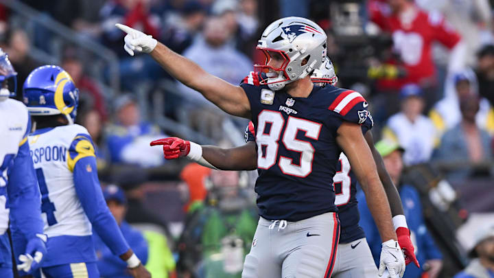 Nov 17, 2024; Foxborough, Massachusetts, USA; New England Patriots tight end Hunter Henry (85) reacts after a first down against the Los Angeles Rams during the first half at Gillette Stadium. Mandatory Credit: Brian Fluharty-Imagn Images