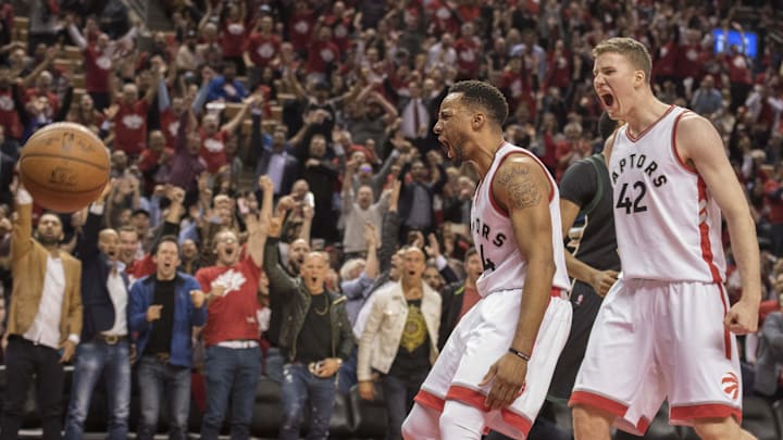 Apr 24, 2017; Toronto, Ontario, CAN; Toronto Raptors guard Norman Powell (24) and center Jakob Poeltl (42) celebrate a basket during the fourth quarter in game five of the first round of the 2017 NBA Playoffs against the Milwaukee Bucks at Air Canada Centre. The Toronto Raptors won 118-93. Mandatory Credit: Nick Turchiaro-Imagn Images Apr 24, 2017; Toronto, Ontario, CAN; Toronto Raptors guard Norman Powell (24) and center Jakob Poeltl (42) celebrate a basket during the fourth quarter in game five of the first round of the 2017 NBA Playoffs against the Milwaukee Bucks at Air Canada Centre. The Toronto Raptors won 118-93. Mandatory Credit: Nick Turchiaro-Imagn Images