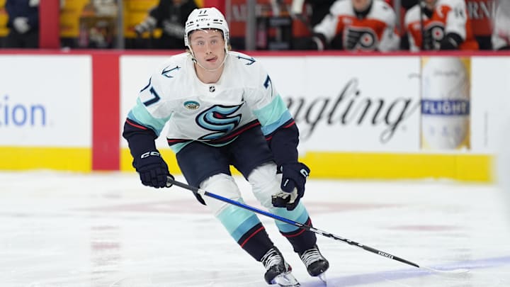 Oct 20, 2025; Philadelphia, Pennsylvania, USA; Seattle Kraken center Berkly Catton (77) in action against the Philadelphia Flyers in the first period at Xfinity Mobile Arena. Mandatory Credit: Kyle Ross-Imagn Images