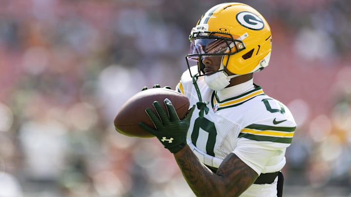 Sep 21, 2025; Cleveland, Ohio, USA; Green Bay Packers wide receiver Matthew Golden (0) catches the ball during warm ups before the game against the Cleveland Browns at Huntington Bank Field. Mandatory Credit: Scott Galvin-Imagn Images