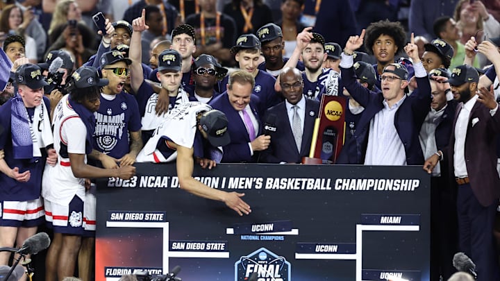 Apr 3, 2023; Houston, TX, USA; Connecticut Huskies players celebrate after defeating the San Diego State Aztecs.
