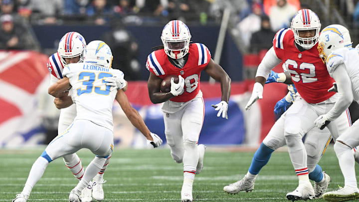 Dec 3, 2023; Foxborough, Massachusetts, USA; New England Patriots running back Rhamondre Stevenson