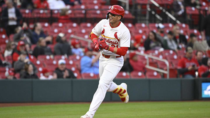 Mar 31, 2025; St. Louis, Missouri, USA; St. Louis Cardinals left fielder Lars Nootbaar (21) celebrates after hitting a solo home run in the first inning against the Los Angeles Angels at Busch Stadium. Mandatory Credit: Joe Puetz-Imagn Images Mar 31, 2025; St. Louis, Missouri, USA; St. Louis Cardinals left fielder Lars Nootbaar (21) celebrates after hitting a solo home run in the first inning against the Los Angeles Angels at Busch Stadium. Mandatory Credit: Joe Puetz-Imagn Images