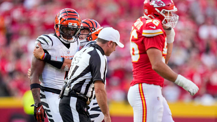 Cincinnati Bengals wide receiver Ja'Marr Chase (1) argues with a referee after taking a tackle from Kansas City Chiefs cornerback Trent McDuffie (22) in the fourth quarter of the NFL Week 2 game between the Kansas City Chiefs and the Cincinnati Bengals at Arrowhead Stadium in Kansas City on Sunday, Sept. 15, 2024. The Chiefs took a 26-25 win with a go-ahead field goal as time expired.