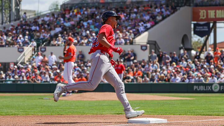 Mar 6, 2026; Lakeland, Florida, USA; Boston Red Sox outfielder Kristian Campbell (28) rounds third after hitting a two run home run against the Detroit Tigers at Publix Field at Joker Marchant Stadium. Mandatory Credit: Mike Watters-Imagn Images