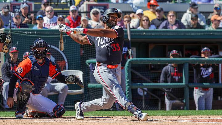Feb 23, 2026; Lakeland, Florida, USA; Minnesota Twins center fielder Emmanuel Rodriguez (33) bats during the second inning against the Detroit Tigers at Publix Field at Joker Marchant Stadium. Mandatory Credit: Mike Watters-Imagn Images