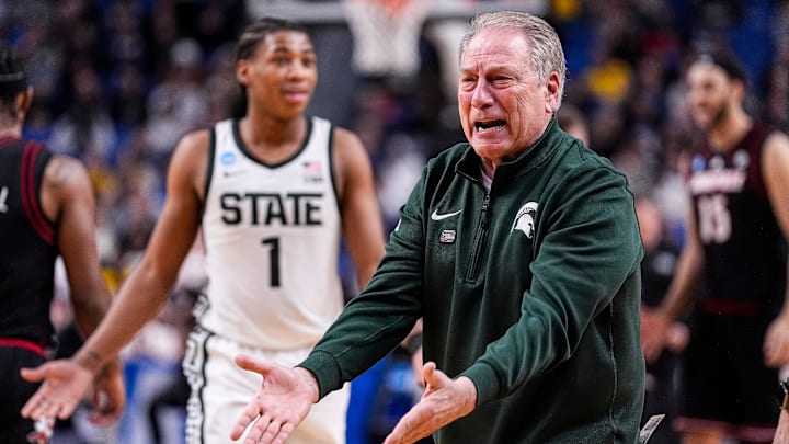 Michigan State head coach Tom Izzo reacts to foul call during the second half of NCAA Tournament Second Round against Louisville at KeyBank Center in Buffalo on Saturday, March 21, 2026.