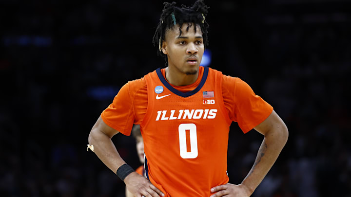 Mar 30, 2024; Boston, MA, USA; Illinois Fighting Illini guard Terrence Shannon Jr. (0) reacts against the Connecticut Huskies in the finals of the East Regional of the 2024 NCAA Tournament at TD Garden. Mandatory Credit: Winslow Townson-Imagn Images