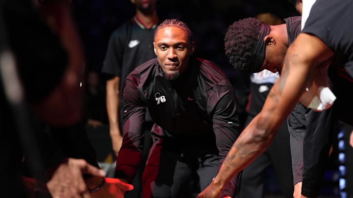 Apr 12, 2026; Philadelphia, Pennsylvania, USA; Philadelphia 76ers guard Tyrese Maxey (0) is introduced before the game against the Milwaukee Bucks at Xfinity Mobile Arena. Mandatory Credit: Kyle Ross-Imagn Images