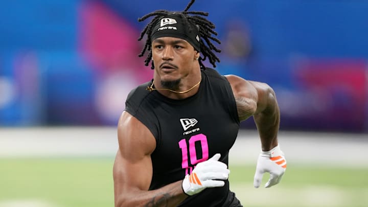 Feb 27, 2026; Indianapolis, IN, USA; Toledo defensive back Andre Fuller (DB10) during the NFL Scouting Combine at Lucas Oil Stadium. Mandatory Credit: Kirby Lee-Imagn Images