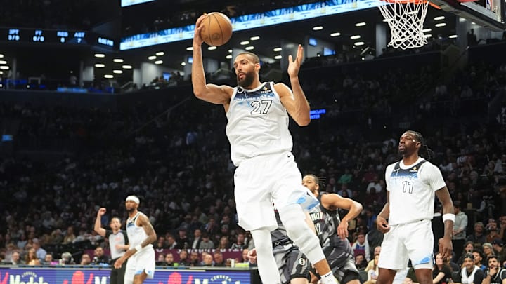 Minnesota Timberwolves center Rudy Gobert grabs a rebound against the Brooklyn Nets during the first half at Barclays Center in New York on April 3, 2025. Minnesota Timberwolves center Rudy Gobert grabs a rebound against the Brooklyn Nets during the first half at Barclays Center in New York on April 3, 2025.
